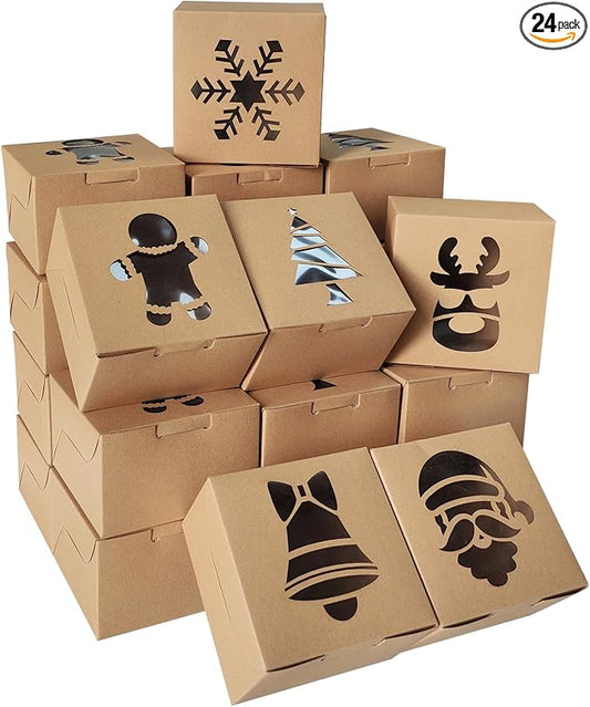 Gute 24 Pcs Christmas Kraft Cookie Boxes, Brown Christmas Treat Boxes with Window 4" x 4" x 2.5" Bakery Gift Warpping Box for Xmas Holiday Party Favor Pastries, Cupcakes, Cookies Donuts Gift-Giving