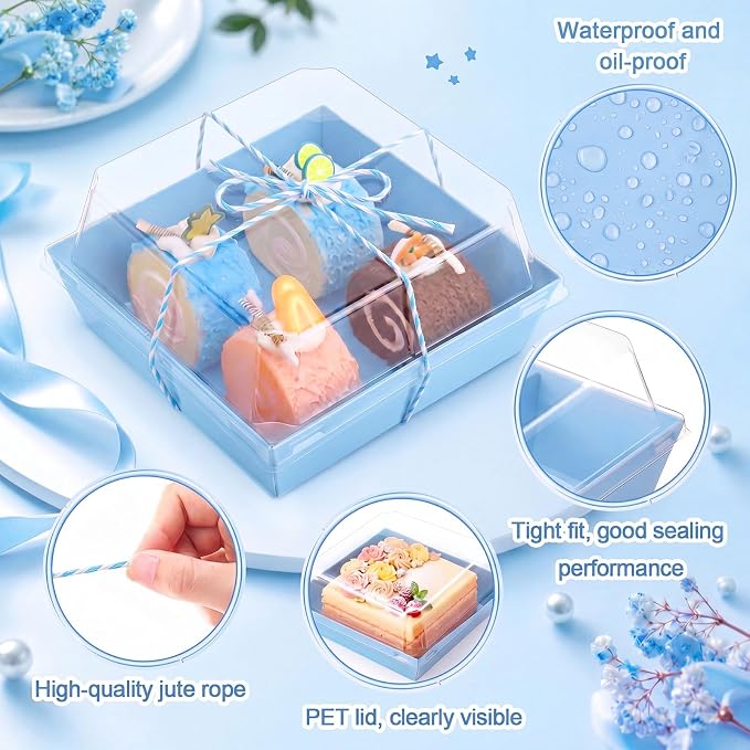 Jetec 50 Pack Charcuterie Boxes with Clear Lids and Rope 4 Inches Cake Disposable Square Dessert Food Box Containers with Lids for Bakery Macaron Cookies Strawberries Fruits Display (Blue)