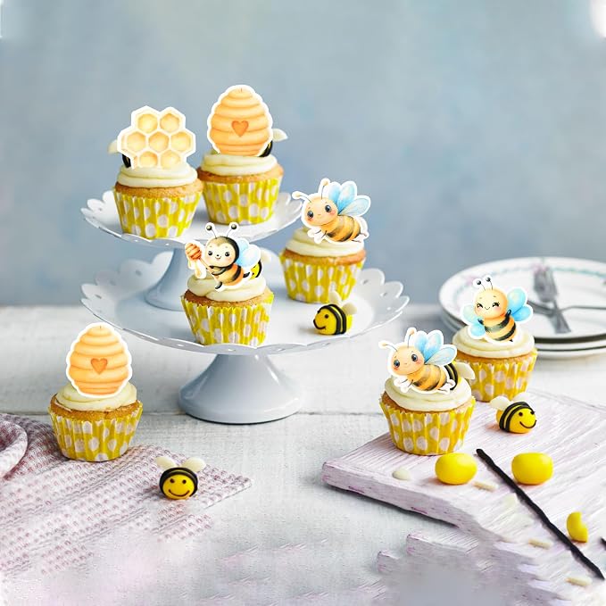 60 PCS Edible Bumble Bee Cupcake Toppers Waper Paper Honey Bee Cupcake Picks Edible Oh Babee Cupcake Decorations for Bee Theme Baby Shower Boys Girls Birthday Party Cake Food Decorations Supplies
