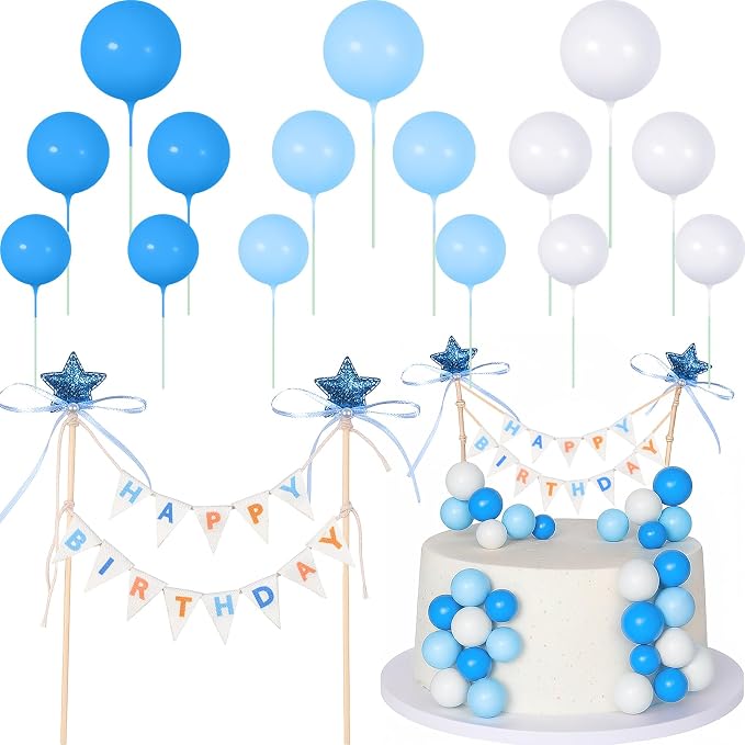 16 Pcs Happy Birthday Cake Topper Cake Bunting Topper Banner with Wood Pole Rainbow Garland with Bow Ribbon Balloon, Mini Cupcake Decor for Birthday Baby Shower (White,Light Blue,Dark Blue)
