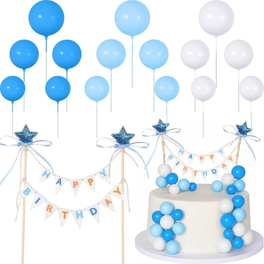 16 Pcs Happy Birthday Cake Topper Cake Bunting Topper Banner with Wood Pole Rainbow Garland with Bow Ribbon Balloon, Mini Cupcake Decor for Birthday Baby Shower (White,Light Blue,Dark Blue)