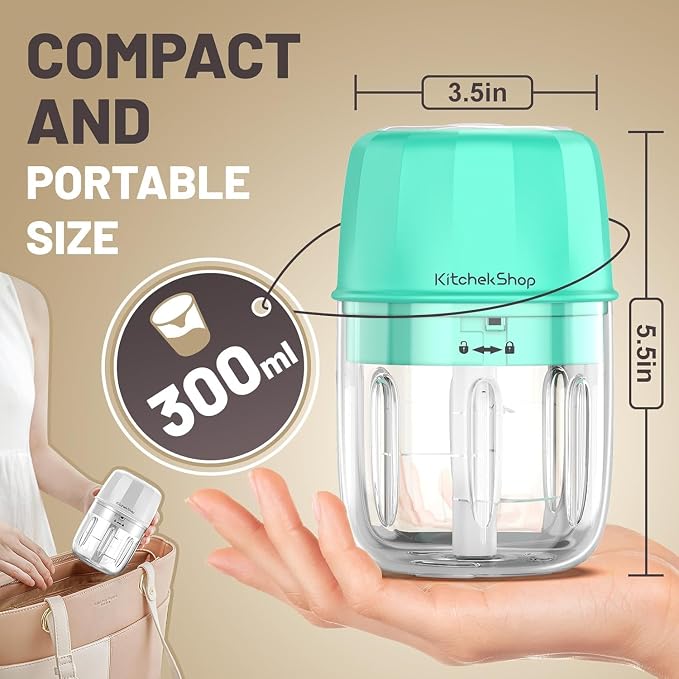 Electric Garlic Chopper, 300ML Portable Cordless Mini Food Processor, Rechargeable Vegetable Chopper Blender for Nuts Chili Onion Minced Meat and Spices (Green)