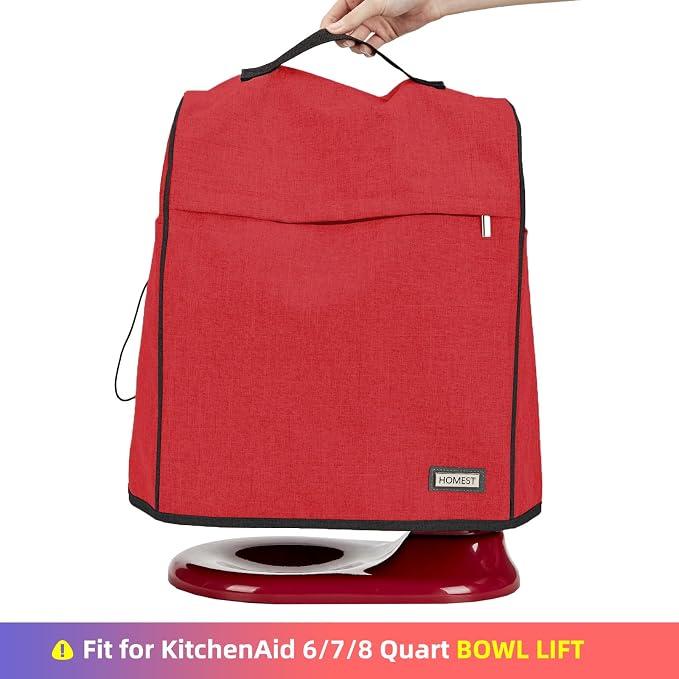 HOMEST Stand Quilted Mixer Cover with Zip Pocket for Kitchen Accessories | Fits KitchenAid 6/7/8 quart mixers, zipper pocket stores attachments and kitchen accessories, Red