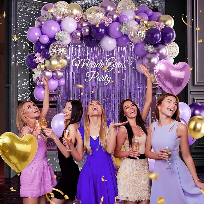 157Pcs Purple and Gold Balloons Garland Arch Kit with Fringe Curtain for Girl Princess Woman Birthday Bridal Baby Shower Engagement Wedding Party Decorations