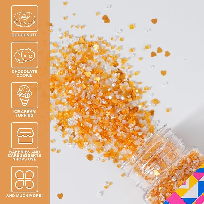 Sanding Sugar Edible Gold Hearts Glitter Mix, Gold and White Sugar Sprinkles for Cake Decorating, Edible Sparkling Sugar Crystals for Baking Cupcake Toppers Cookie Decorations for Wedding Party Celebrations 3.5oz