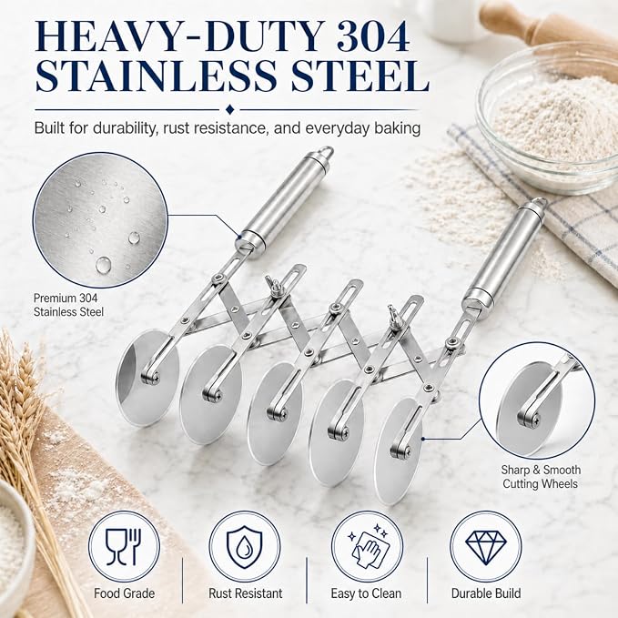 Wheel Adjustable Pasta Cutter with Handle - Stainless Steel Multi-Tool for Baking Pastry, Pizza, Noodles & Pie Crust (5 Roller)