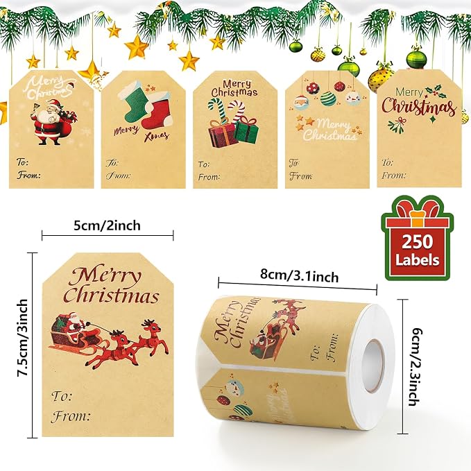 Yoget 250 PCS Chirstmas Gift Tags, Xmas Kraft Gift Tags Stickers Name Labels, Christmas Decorations (50x70mm, 6 Designs)