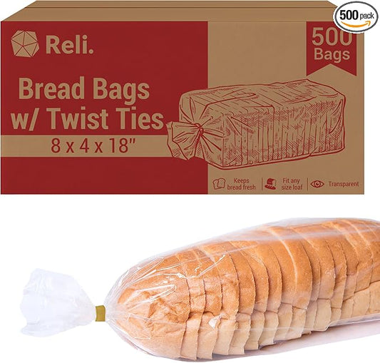 Reli. Bread Bags with Ties | 8 x 4 x 18" | 500 Pack (500 Twist Ties) Bulk | Large Plastic Bread Bags for Homemade & Bakery Loaf | Clear