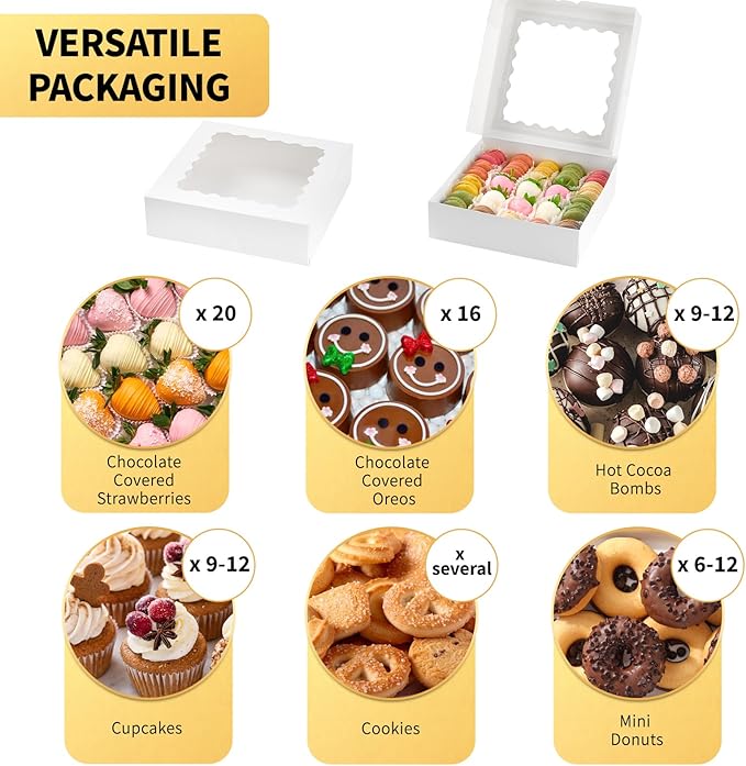 Ocmoiy 20 Pack Pie Boxes, 9 x 9 x 2.5 Inches Bakery Boxes with Window, Auto-Popup Cookie Treat Boxes for Chocolate Strawberries, Pastries, Muffins, Donuts, Breakable Heart