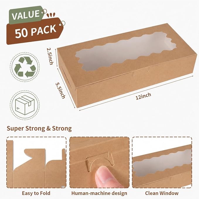 50 pcs Brown Cookie Box,12x5.5x2.5 Inch Bakery Boxes with Window Pies Chocolate Strawberries Muffins Biscuit Pastry Dessert Box For Packaging