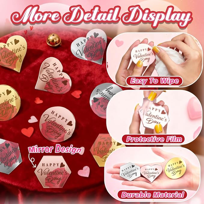 45PCS Happy Valentine's Day Cake Toppers, Mirror Acrylic Cupcake Toppers 3 Multi-shape & 3 Different Color Custom Cupcake Picks for Valentine Party Anniversary Pastries Decorations
