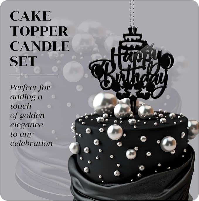 Happy Birthday Cake Topper Candle for Birthday Party Decorations, Acrylic Black, 2 Wicks, 2 pcs.