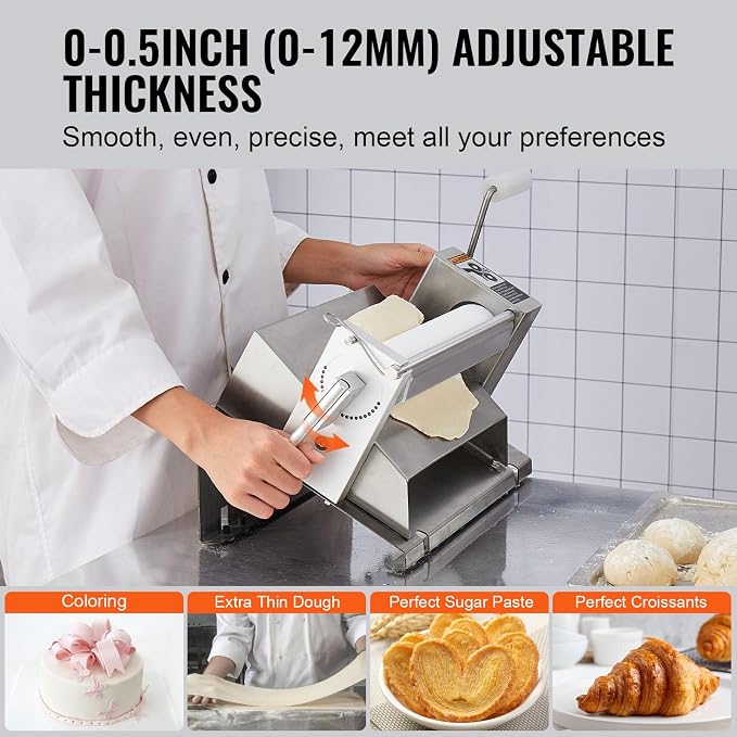 VEVOR Manual Dough Sheeter Machine, Puff Pastry Sheeter and Fondant Roller, Removable Handle, Panel, Roller for Easy Cleaning, Max 1/2 inch Adjustable Thickness, for Home or Small Commercial Kitchens