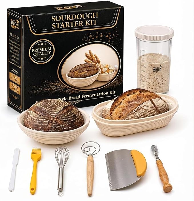 Sourdough Starter kit with Sourdough Starter Jar, 9" Round and Oval Banneton Basket, Dough Scoring Tool, Whisk and Bread Cutter for Homemade Bread a Complete Sourdough Kit