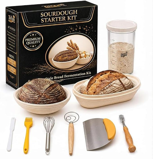 Sourdough Starter kit with Sourdough Starter Jar, 9" Round and Oval Banneton Basket, Dough Scoring Tool, Whisk and Bread Cutter for Homemade Bread a Complete Sourdough Kit