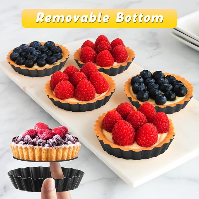 Tessco for you 16 Pcs Mini Tart Pans for Baking, 5 Inch Quiche Pans with Removable Bottom, Nonstick Egg Tartlets Molds Fluted Side Bakeware for Pie Fruit Tart Cheesecake Dessert (Black Round)