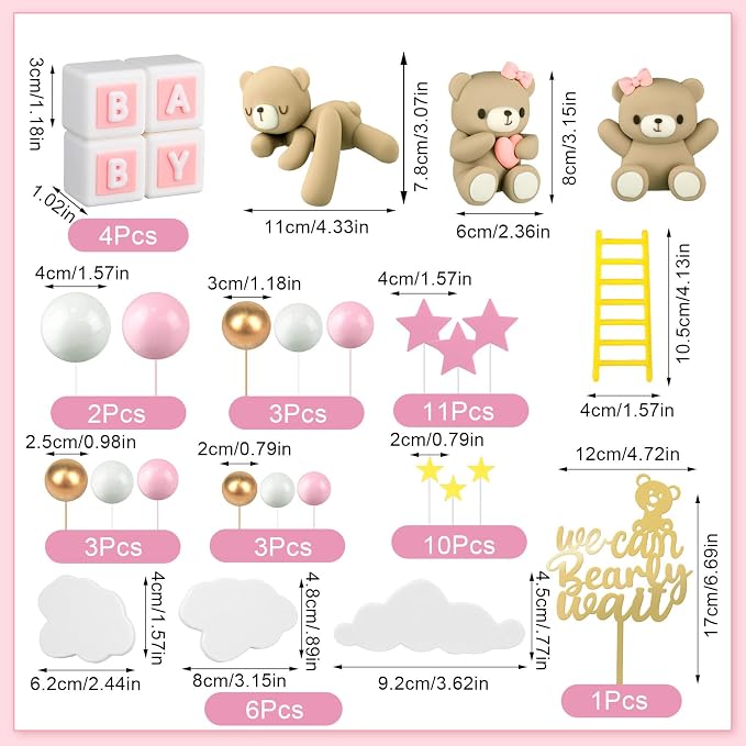 Yinder Bear Cake Toppers Mini Bear Cake Decorations Cake Toppers Gold White Pearl Ball for Birthday Party Decorations(Pink, Brown,Cute Style)