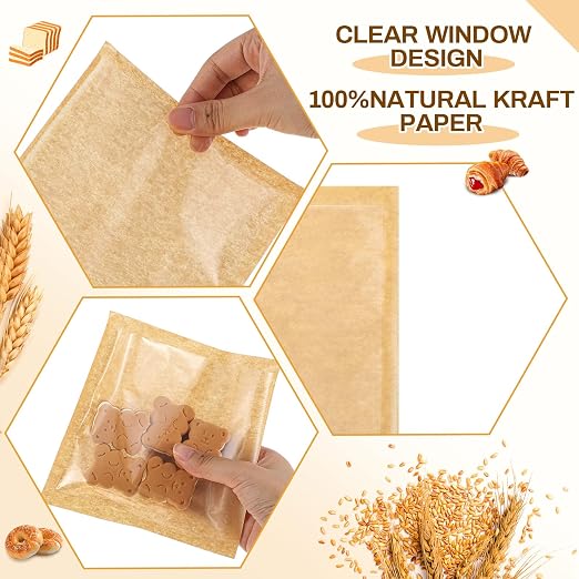 Outus 50 Pcs Cookie Packaging Bags with Seal, 5.7 x 6.5 Inch Bakery Pastry Bags with Window, Heat Sealable Grease Resistant Paper to Go Bake Sleeves for Gift Giving Donut Bread Sandwich (Brown)