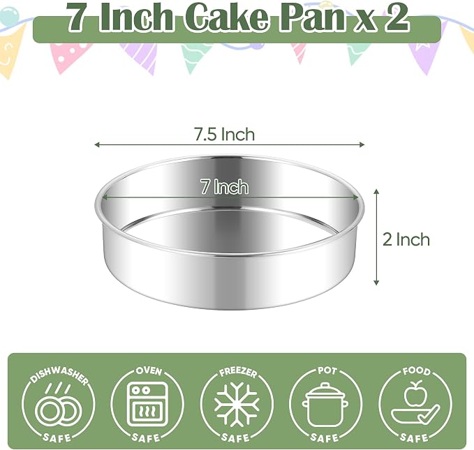 E-far 7 Inch Cake Pan Set of 2, Stainless Steel Round Baking Pans Tins Mold - Non-Toxic & Leak-Proof for Birthday Wedding Layer Tiered Cake, Easy Clean & Dishwasher Safe