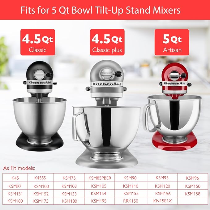 3Pcs Stainless Steel Accessories for KitchenAid 4.5-5 Qt Tilt-Head Stand Mixer, Heavy Duty K45 Whisk, Classic Flat Beater and Dough Hook Set for Artisan, Classic, KSM150, Dishwasher Safe