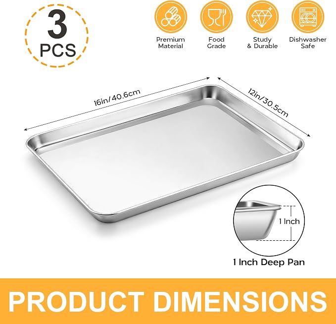 Onader Baking Sheet Set of 3, 16" x 12" Food-Grade Stainless Steel Quarter Sheet Pans for Baking, Metal Cookie Toaster Oven Pan Tray, Heavy Duty & Dishwasher Safe