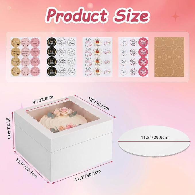 CRUGLA 15 Pack 12x12x8 Cake Boxes with Cake Boards, White Bakery Window Boxes, Tall Dessert Carrier for Birthdays, Weddings, Bake Packaging