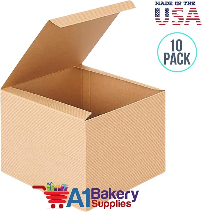 A1 Bakery Supplies Preimer High Kraft Pinstripe Brown Treat Gift Boxes (3 In X 3 In X 4 In) 10 Pack