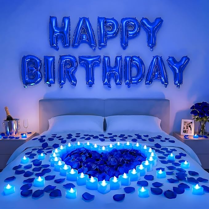 Blue Happy Birthday Balloons Decorations Happy Birthday Letter Balloons Banner Set with 24pcs Heart Flameless LED Candles and 2000pcs Artificial Rose Petals for Women Men Room Party Decor