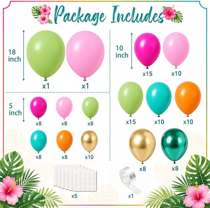 Tropical Luau Balloon Arch Garland Kit, Hot Light Pink Olive Green Orange Teal Metallic Gold Green Summer Hawaiian Balloons for Kids Summer Beach Aloha Pool Birthday Baby Shower Party Decorations