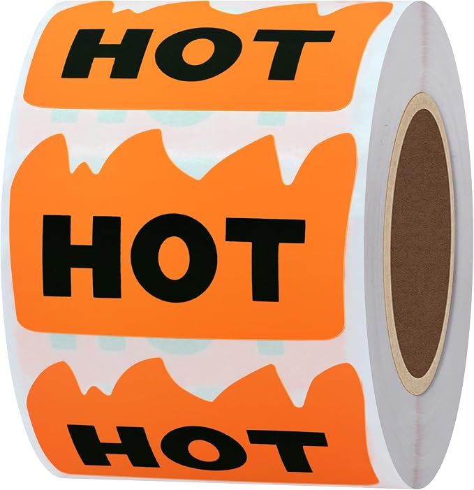 Hybsk 500pcs Rave Hot Stickers 2 x 1-1/5 Inch Fluorescent Hot Flame Fire Shape Labels Marking Items for Restauresent Supermarkets Stores Shops (Fluorescent Orange)