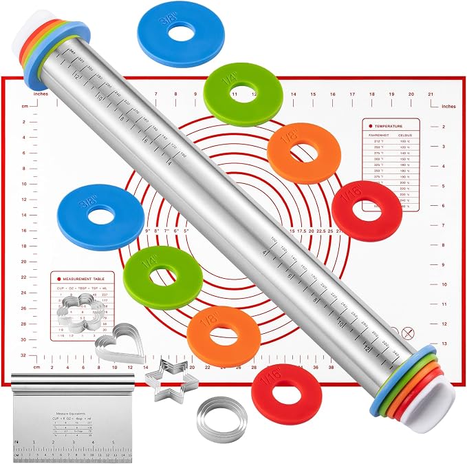 Adjustable Rolling Pin Set with Thickness Rings Cookie Cutters Dough Scraper Food Grade Stainless Steel Precise Dough Roller Handle Press Design for Baking Fondant Pizza Pie Pastry Pasta Cookies