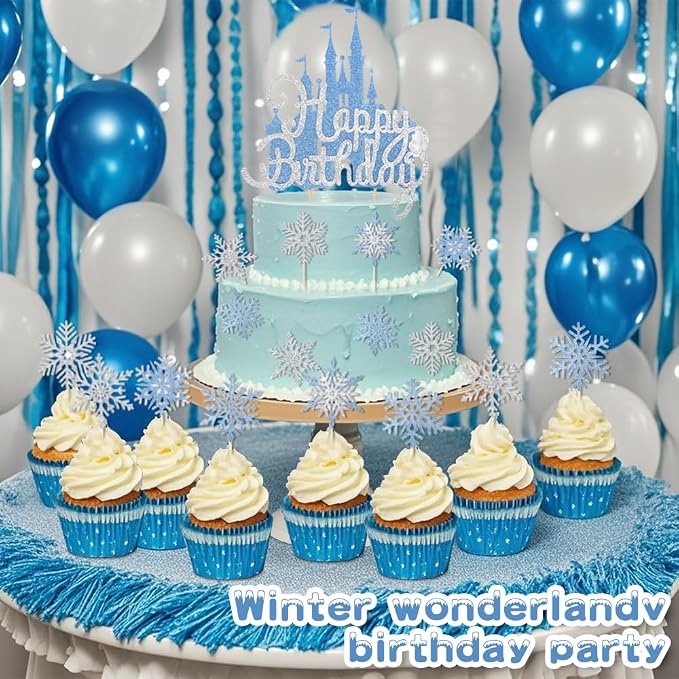 2Pcs Blue Castle Cake Toppers Princess Cake Decorations Princess Theme Birthday Castle Party Picks for Winter Wonderland Party Supplies Frozen Theme Party Decor