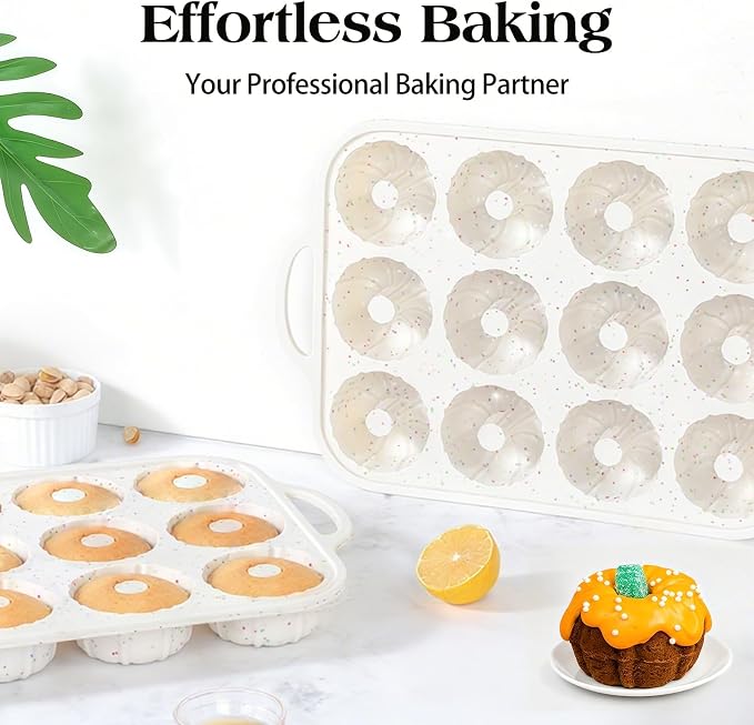 Vinino 3 Inch Silicone Mini Fluted Tube Cake Pan with Metal Reinforced Frame, 12-Cavity Mini Flan Mold, Nonstick Baking Pan for Mini Donuts, Muffins, Brownies, Jellies, 1 Pack