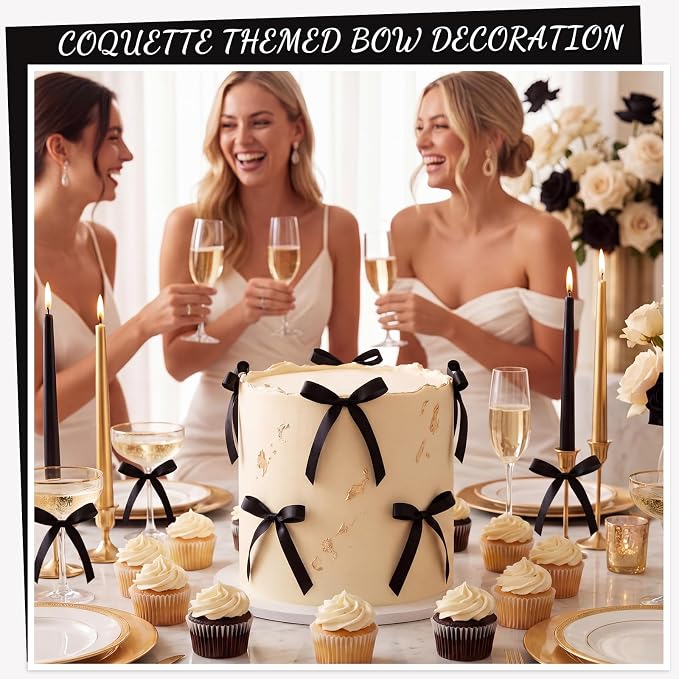 NatNarr 30PCS Black Bows for Cake Bow Cake Topper Pretied Ribbon Bow Cupcake Toppers - Ready to Use for Birthday Wedding Baby Shower Graduation Dessert Display Decorations Simple Elegant Style