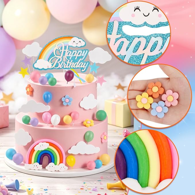 Hooqict 37PCS Rainbow Cake Topper with Daisy Flower Pastel Balls Boho Rainbow Cake Decorations for Wedding Girls Boys Groovy Hippie Birthday Party Decorations Supplies
