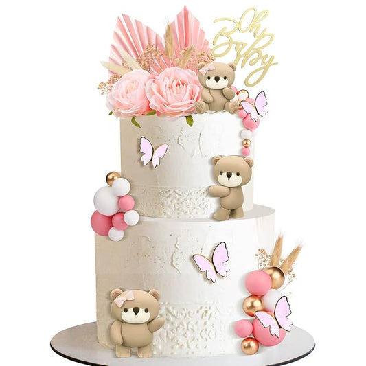 Yinder Bear Cake Toppers Mini Bear Cake Decorations Cake Toppers Gold White Pearl Ball for Birthday Party Decorations(Pink, Brown,Boho Style)