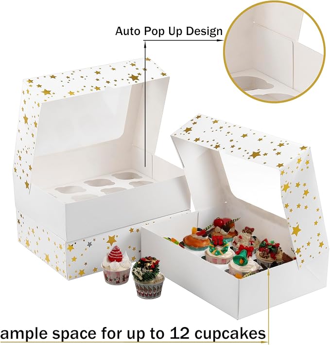 15 Packs Christmas Cupcake Boxes 12 Count, 13x10x3.5 Inch Gold Star Cupcake Containers with Clear Window, Auto-Pop Up Cupcake Carrier with Inserts for Cup Cake, Cupcake Holder for Cookies and Pastry
