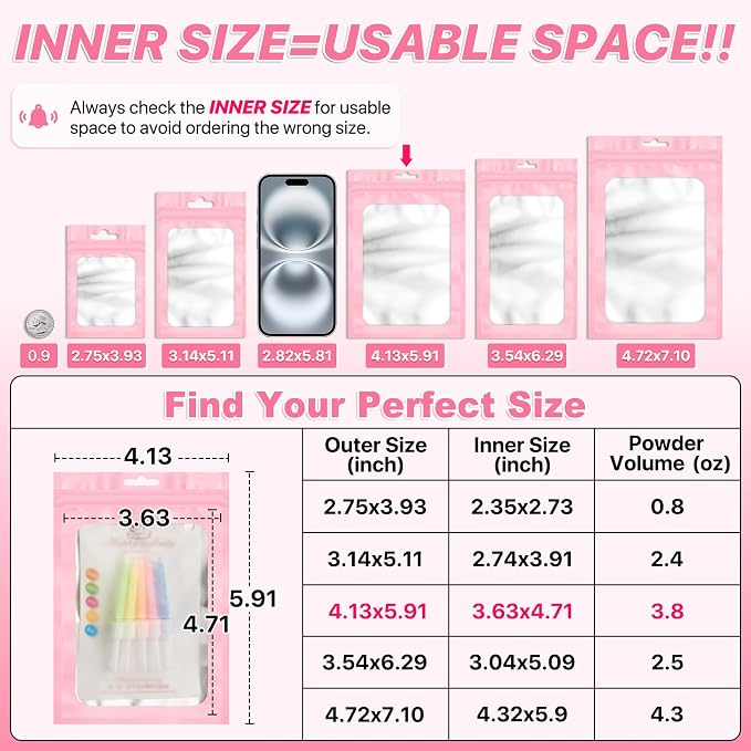 100 Pack Pink Resealable Food Storage Bags, Resealable Packaging Bags, Heat Seal Bag with Frosted Clear Window, Sealed Bag Foil Pouch Zip Pouch for Food Storage 4.13 x 5.91