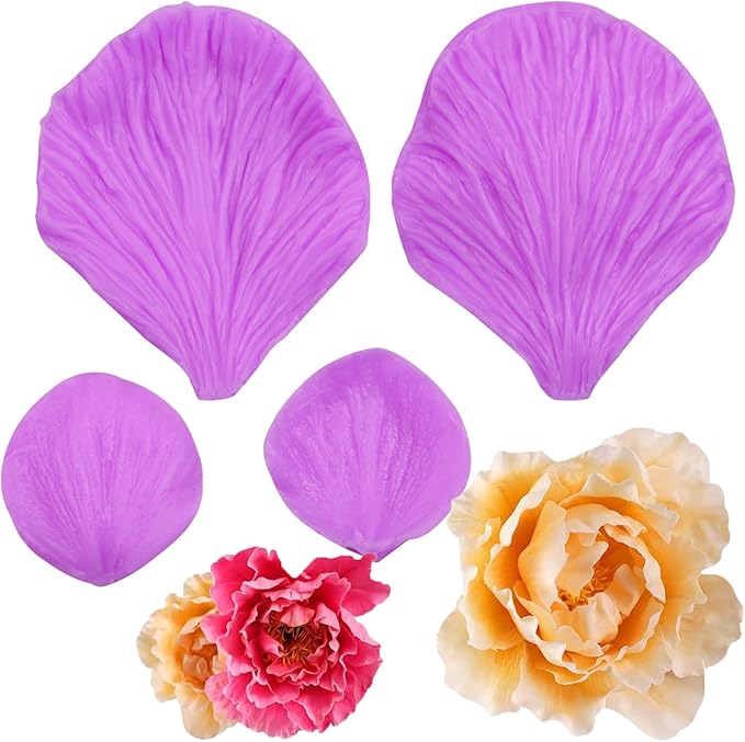 Peony Flower Veining Silicone Molds Rose Floral Petal Fondant Molds for Sugar Craft Cake Decorating Candy Polymer Clay Set of 4