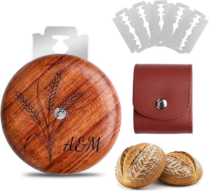Custom Engraved UFO Bread Lame - Personalized Sourdough Scoring Tool for Artisan Bread Baking, Bread Scorer Tool Set with 5 Professional Stainless Steel Blades, Baker Gift Idea (Design E-Brown Pouch)