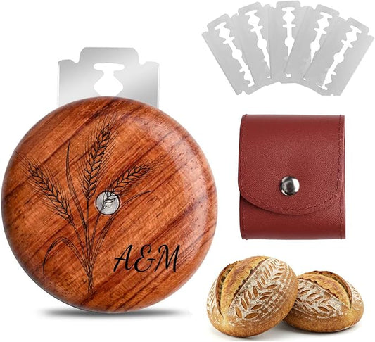 Custom Engraved UFO Bread Lame - Personalized Sourdough Scoring Tool for Artisan Bread Baking, Bread Scorer Tool Set with 5 Professional Stainless Steel Blades, Baker Gift Idea (Design E-Brown Pouch)