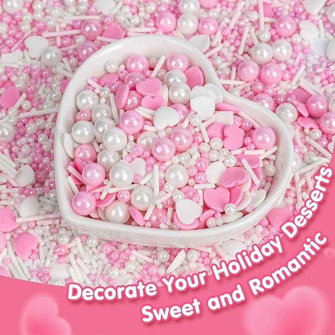 Edible Heart Sprinkles for Cake Decorating,White Pink Pearl Sugar Jimmies Mix Size 130g/4.58oz,Baking Candy Decorations,Cupcake Toppers,Cookie Donuts Ice Cream Dessert Decorating,Wedding Birthday Party Supplies