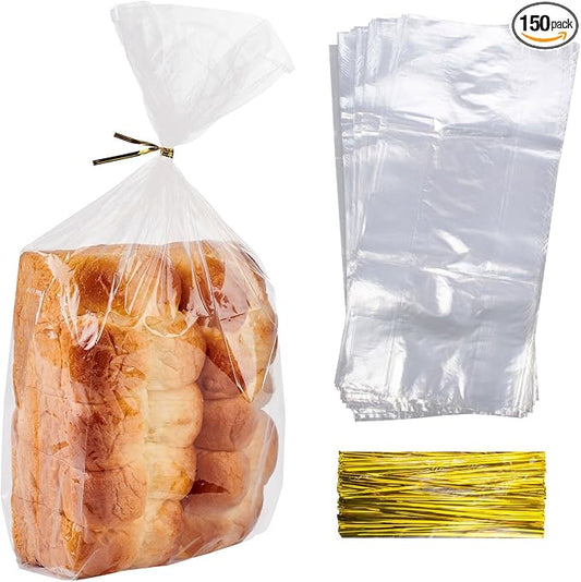 Plastic Bread Bags With Ties, 150 Pcs Printed Loaf Bags for Homemade Bread, Sourdough and Bakery Food - 8x18 Inch with 4" Side Gusset
