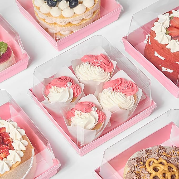 ZORRITA Paper Cake Boxes with Clear Lids, 7" x 7" x 4", 40 Pack, Pink | Disposable, Square Food Containers, For 4-6 Inch Cake, Dessert, Pie, Cupcake, Bakery, Charcuterie