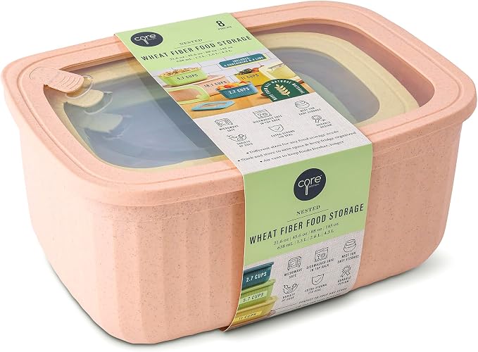 Core Kitchen Nested Wheat Fiber Food Storage Set – 8-Piece BPA-Free Containers with Lids – Eco-Friendly, Stackable, Microwave & Freezer Safe - Garden Oasis