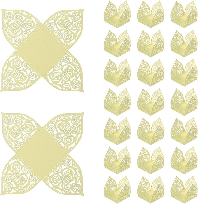 uxcell 25 PCS Truffle Wrappers 0.43x0.43 Inch Square Cupcake Liners Baking Wrappers Hollow Out Paper Dessert Cups for Wedding Birthday Light Yellow