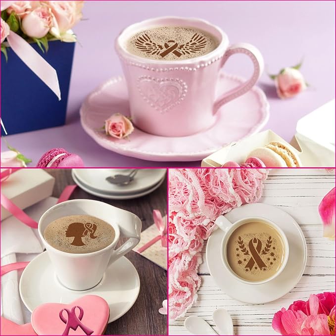 JULBEAR Breast Cancer Awareness Cookie Stencils, 36pcs Pink Ribbon Reusable Coffee Decoration Stencils Templates Tools for Cookies Baking Painting Dessert Decoration DIY Breast Cancer Awareness Party