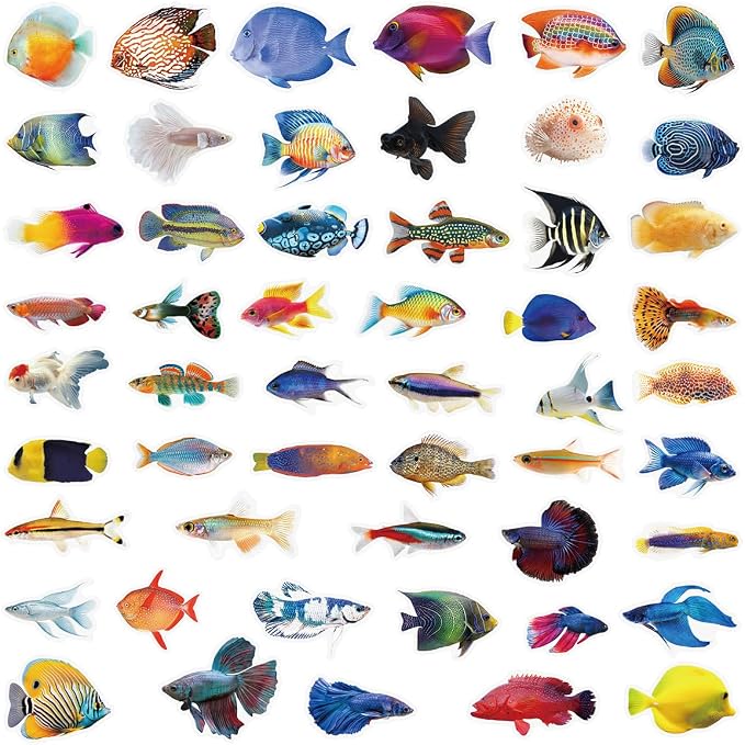 50 Pcs PET Transparent Fish Stickers, Waterproof Vinyl Colorful Tropical Fish Decals for Laptop Skateboard Luggage, Vivid Aquatic Creature Stickers Gift for Kids Teens Adults（Fish