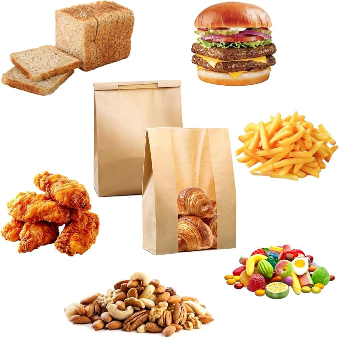 100 Pcs Large Bread Bags with Tin Tie & Clear Window, 14"x8.3"x3.5" Paper Bakery Bags for Homemade Sourdough, Cookies, Pastries | Bakery Packaging with Lock Tab, Food Storage Bags