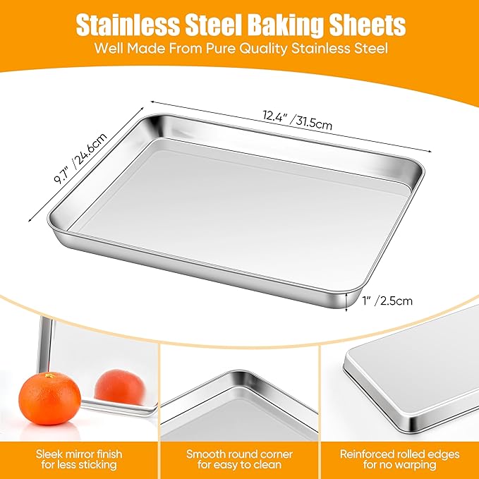 Homikit 3 Pack Baking Sheet, 9 x 13 Inches Stainless Steel Quarter Sheet Pan Set for Baking Cooking Toasting, Metal Cookie Tray Fits Toaster Oven, Non Stick & Rust Free, Dishwasher Safe